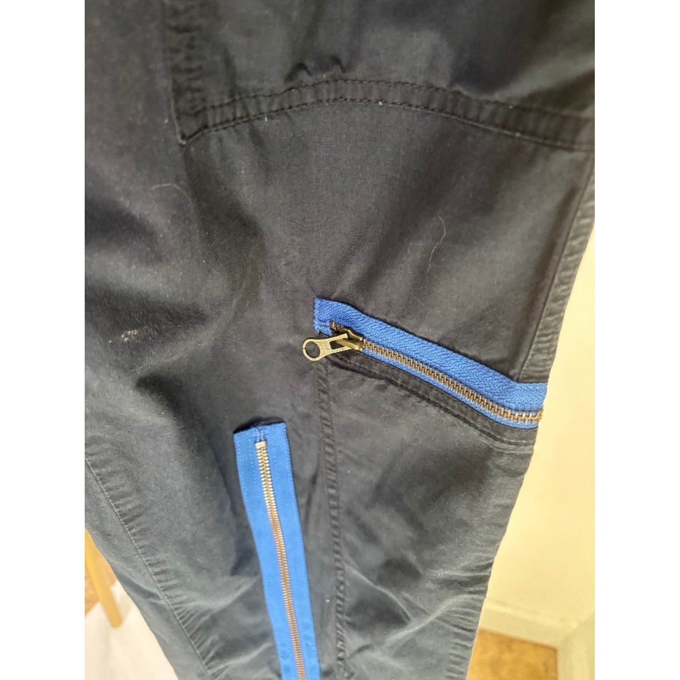 Vintage Ralph Lauren utility cargo pants with striking cobalt blue zipper accent