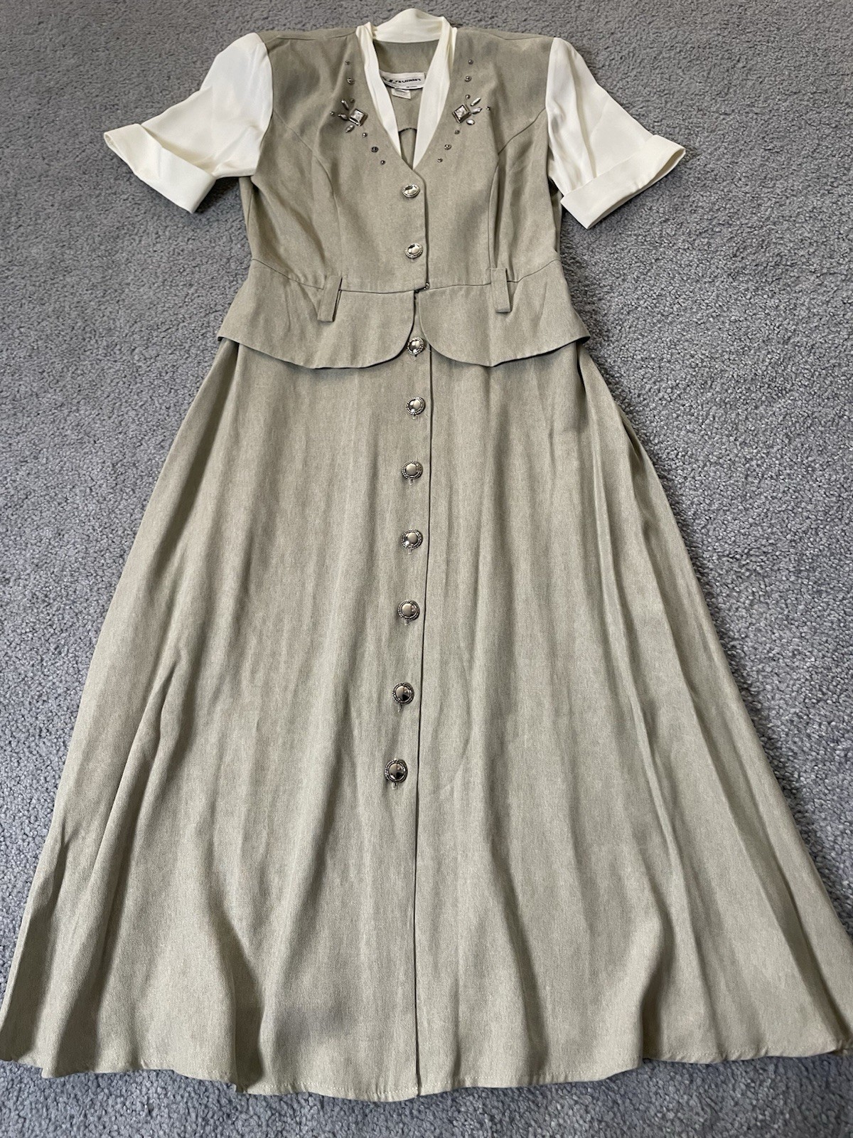 Vtg 70s SL Fashion Peplum Midi Dress 10 Button Up Sage Beads Classic USA Made