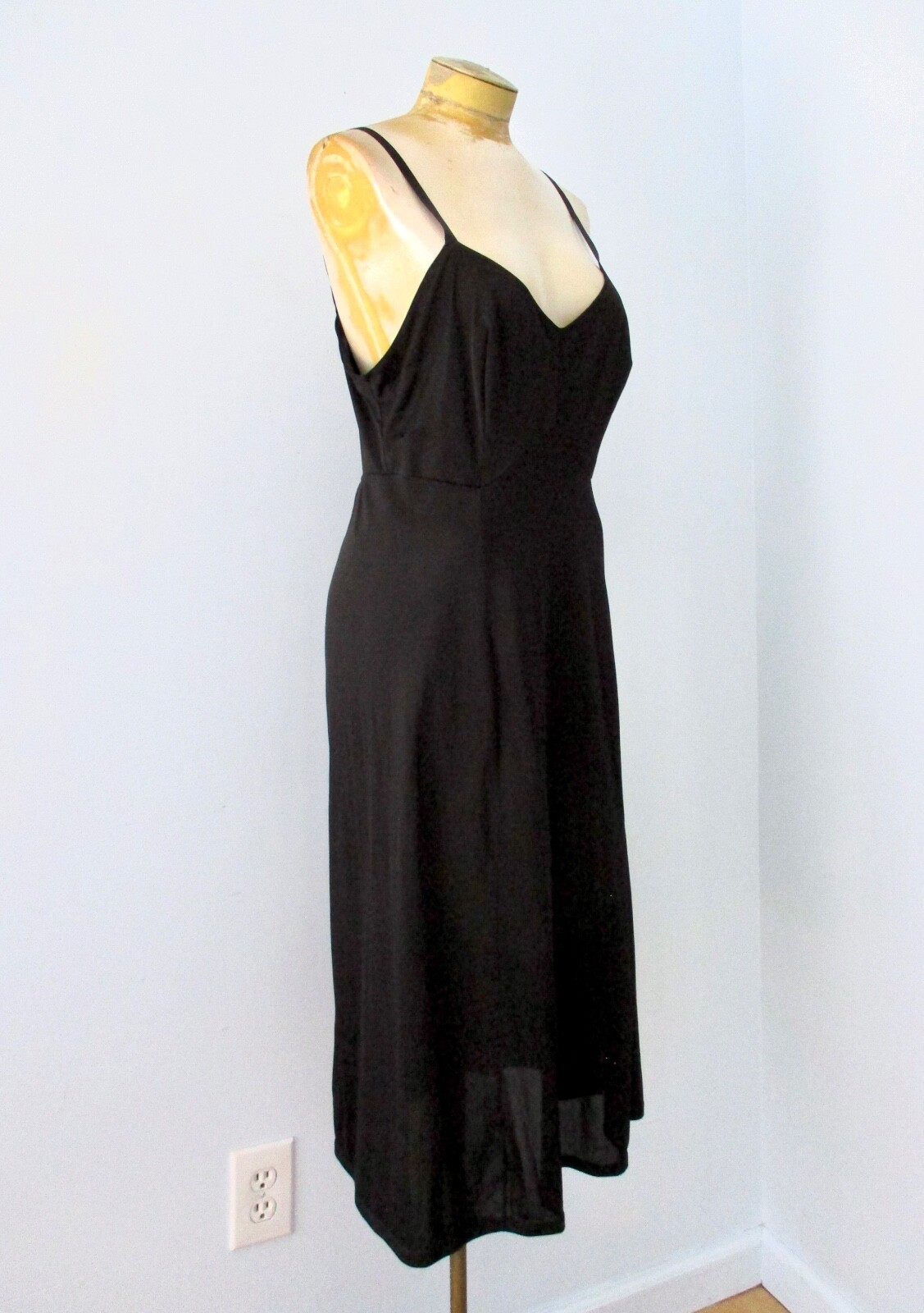 Vtg 50s 60s Wolverine Black Nylon Knit Full Midi Slip Ribbon Straps Burlesque 38