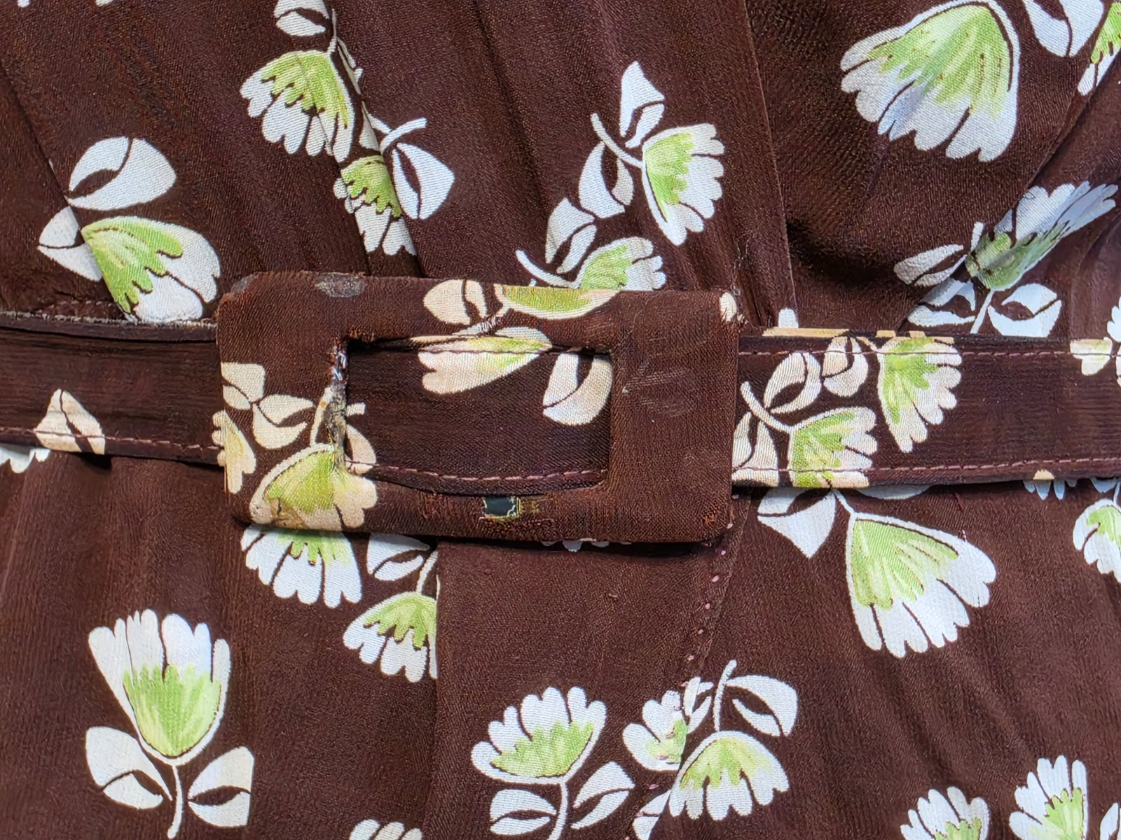 Vintage 1930s 1940s Brown Peplum Dress Flower Print Tulip Novelty (34″ waist)