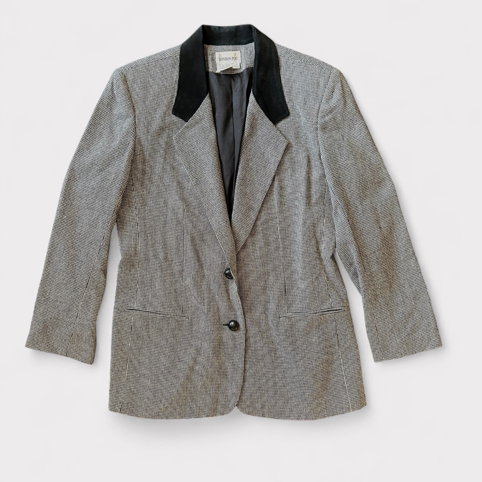 London Fog Houndstooth Wool Blazer with Velvet Collar 1980s Size L 14