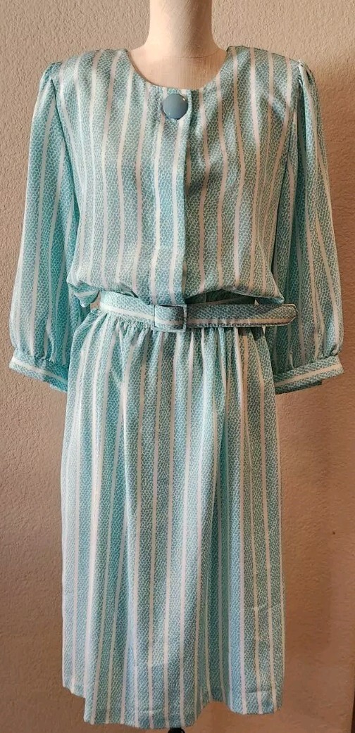 VtG Pellini 80s Aqua Blue And White Striped Belted Dress Shoulder Pads 13/14