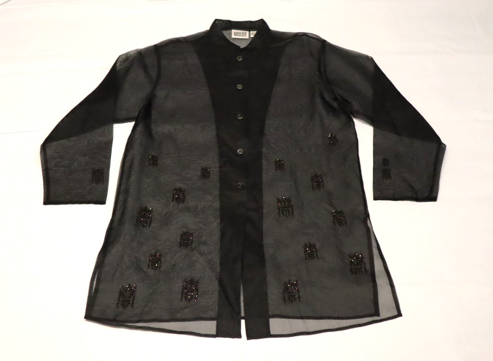 Vintage 1980s Chicos Design 100% silk embellished black sheer buttons up dress 2