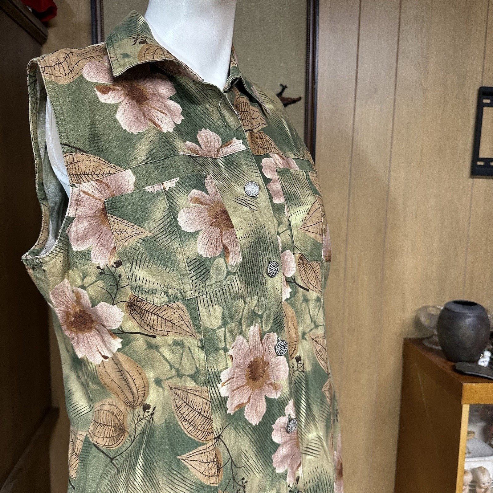 Vintage 90s Bill Blass Dress M/L Flower Midi Maxi Button Front Linen