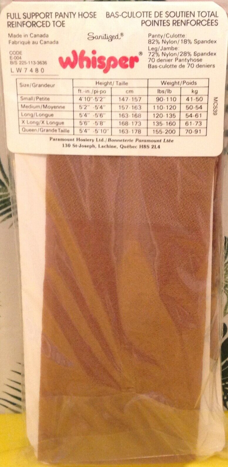 vintage Pantyhose Whisper Full Support Color Soft Beige Size Small BC004A