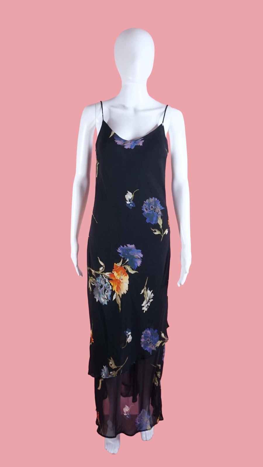 1990s-Y2K LAPIS Semi Sheer Tiered Ruffle Floral Sleeveless Maxi Slip Dress. SM