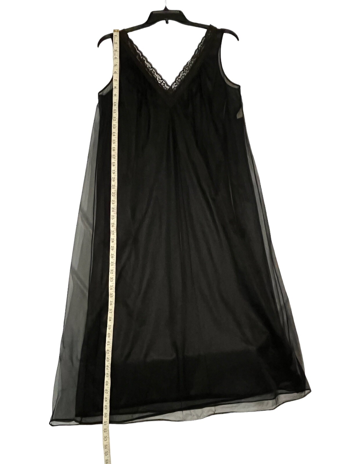 Vintage Lisette Gown Double Black Chiffon Nylon Long Lingerie V Neck Lace Medium