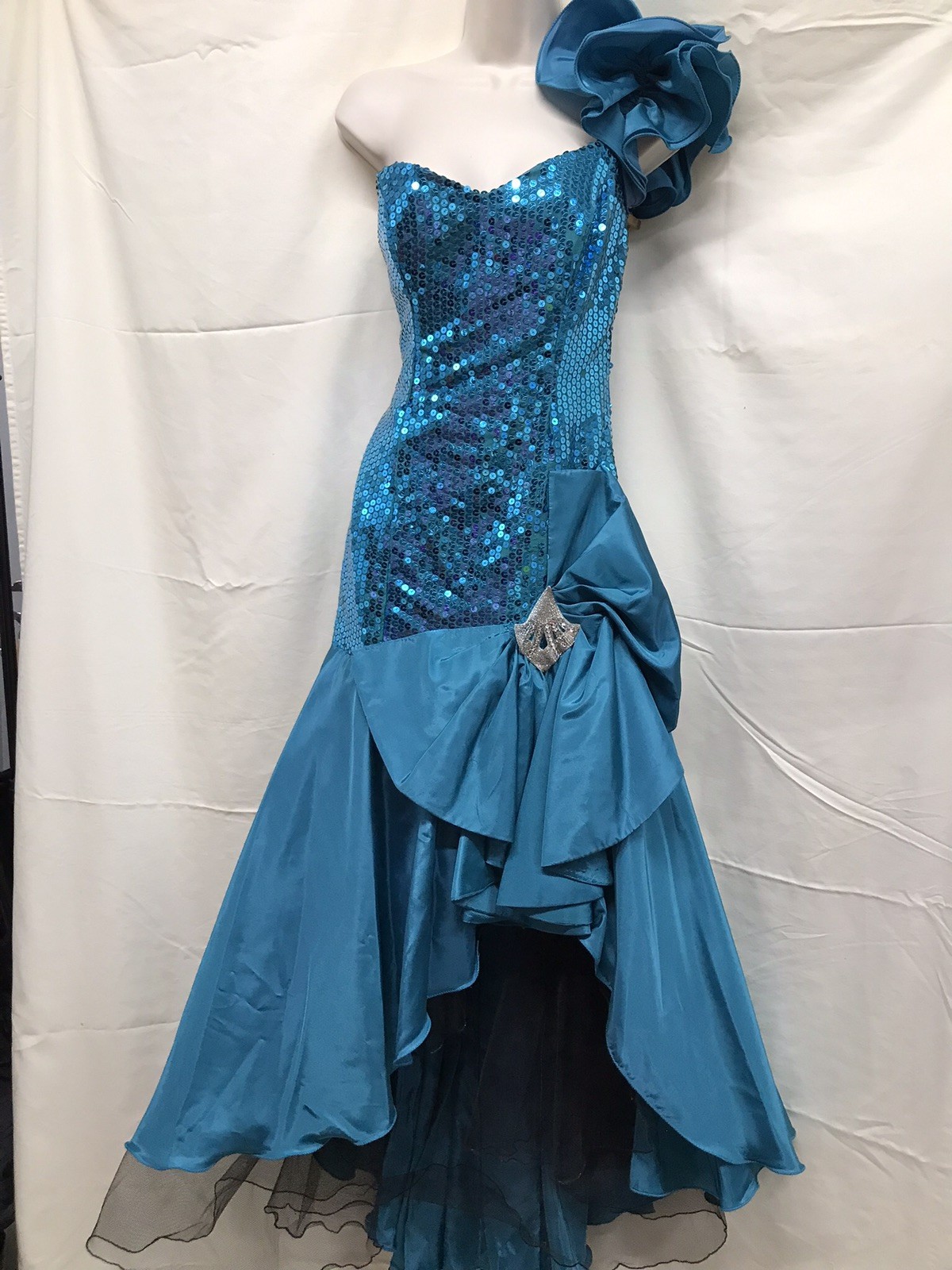 Vintage Nadine Teal Sequins One Shoulder Prom Party Formal Dress Gown Sz 11 USA