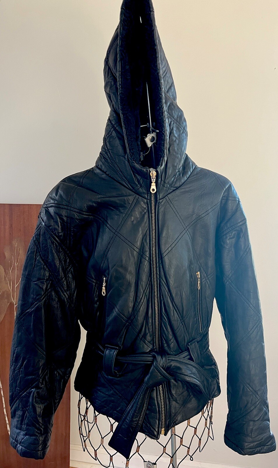 Women’s VTG Coat Black Leather Hood Belt Insulated Liner L Otello Pelle