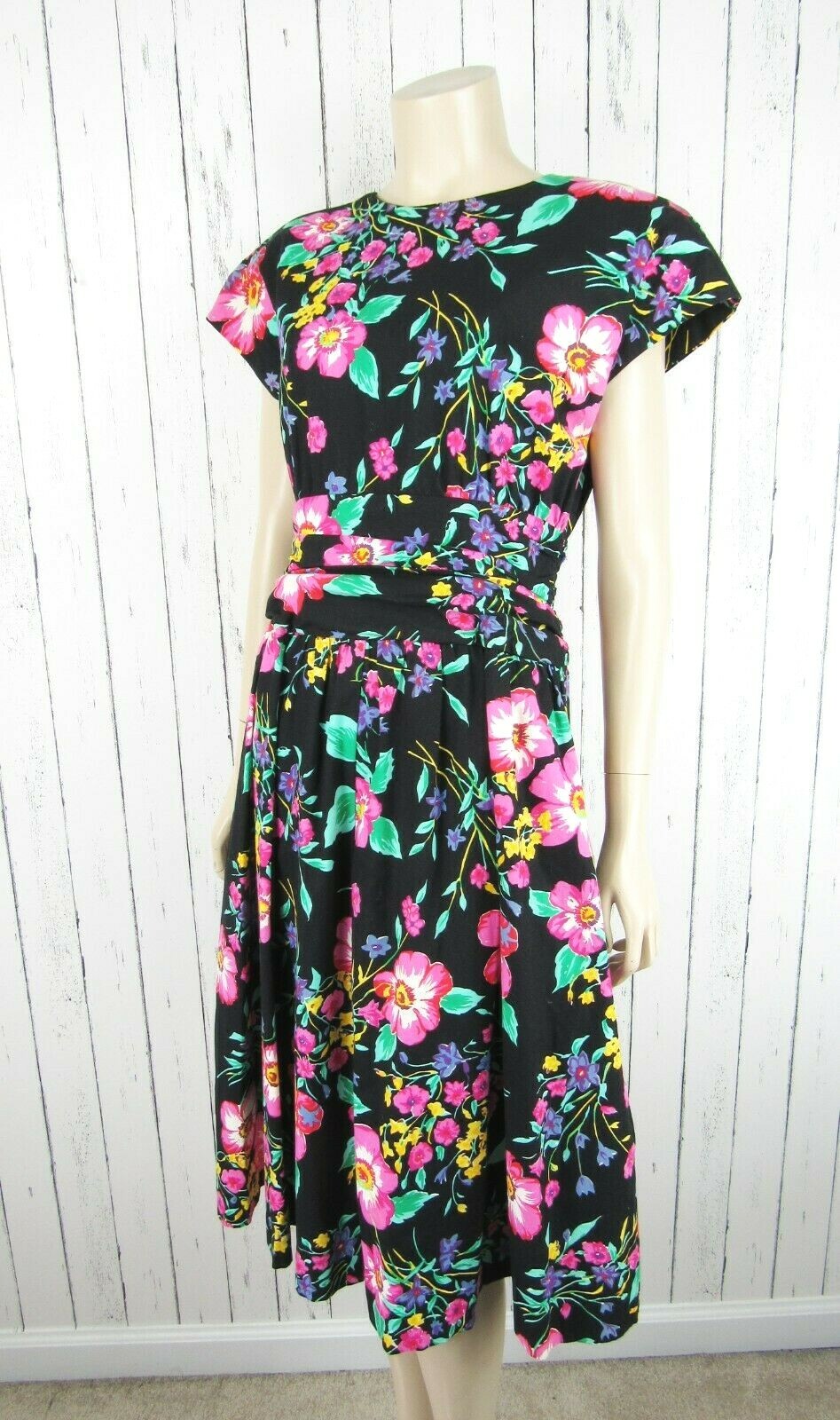 Vintage 90s Size 12 Petite Black Cotton Floral Print Fit & Flare Tea Dress