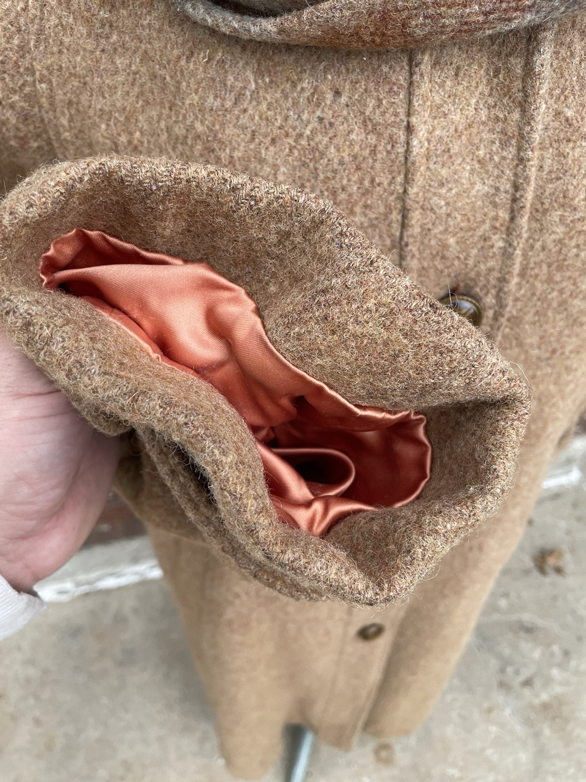 Vtg 70s Brown Wool Heavy French Coat w/ Built In Scarf Wrap Full Length Womens M
