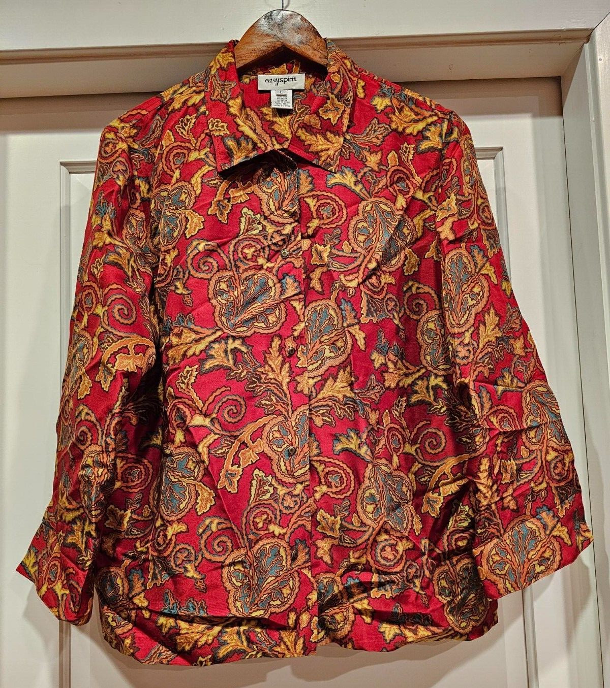 VINTAGE EASY SPIRIT SZ Lg Red Floral Paisley BLOUSE 3/4 sleeve 100% SILK