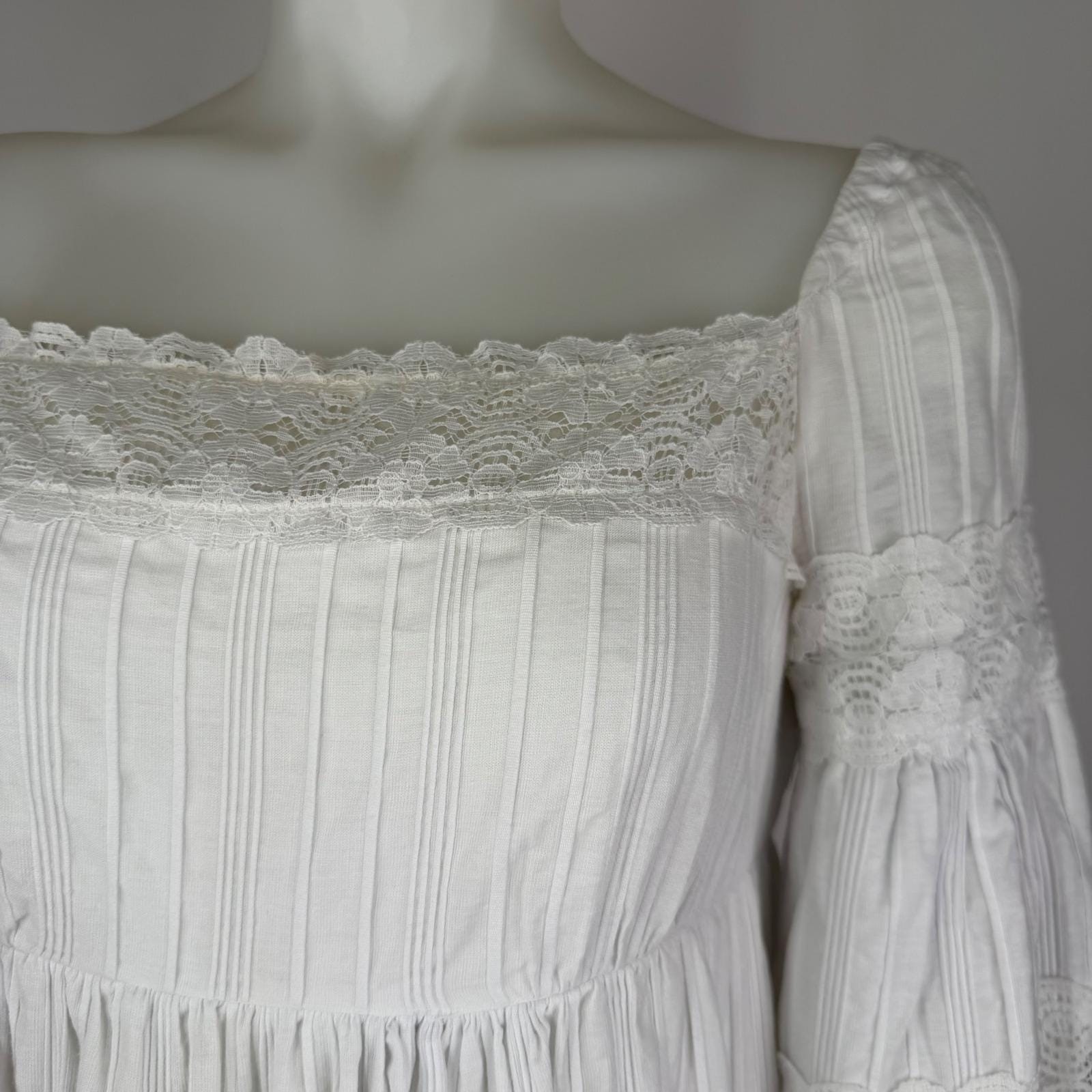Vintage 70s White Maxi Dress Pleated Cotton Boho Wedding Cottagecore Size S