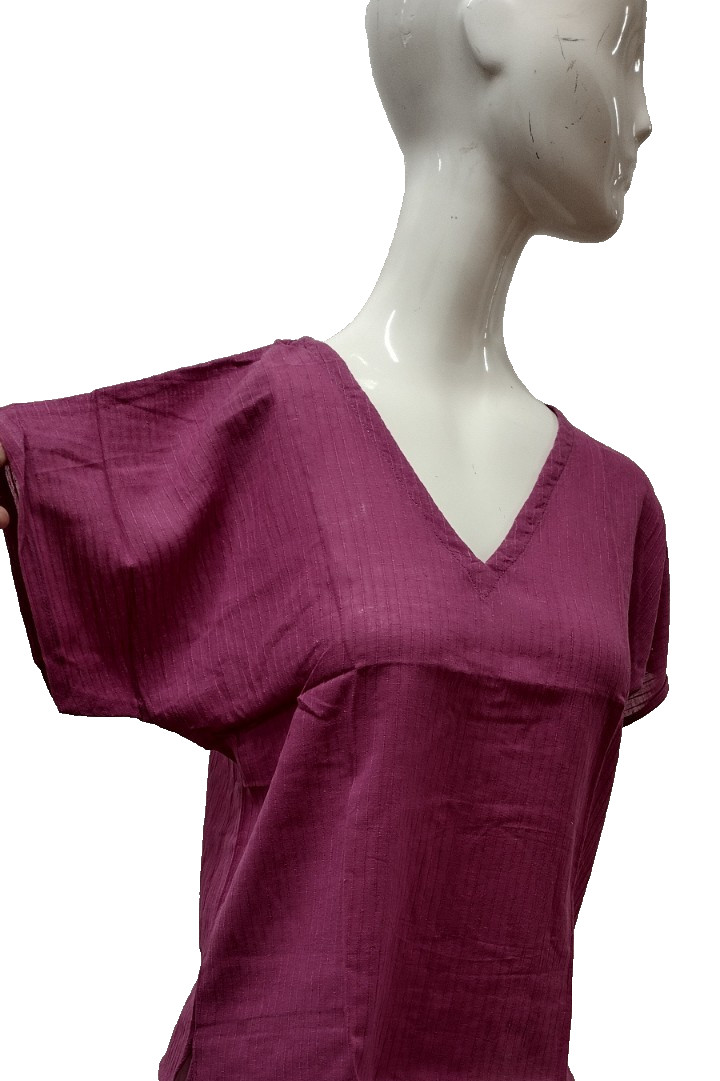Cotton TOP Fuchsia Color V Neck Short Sleeve Shirt India Vintage DEADSTOCK M