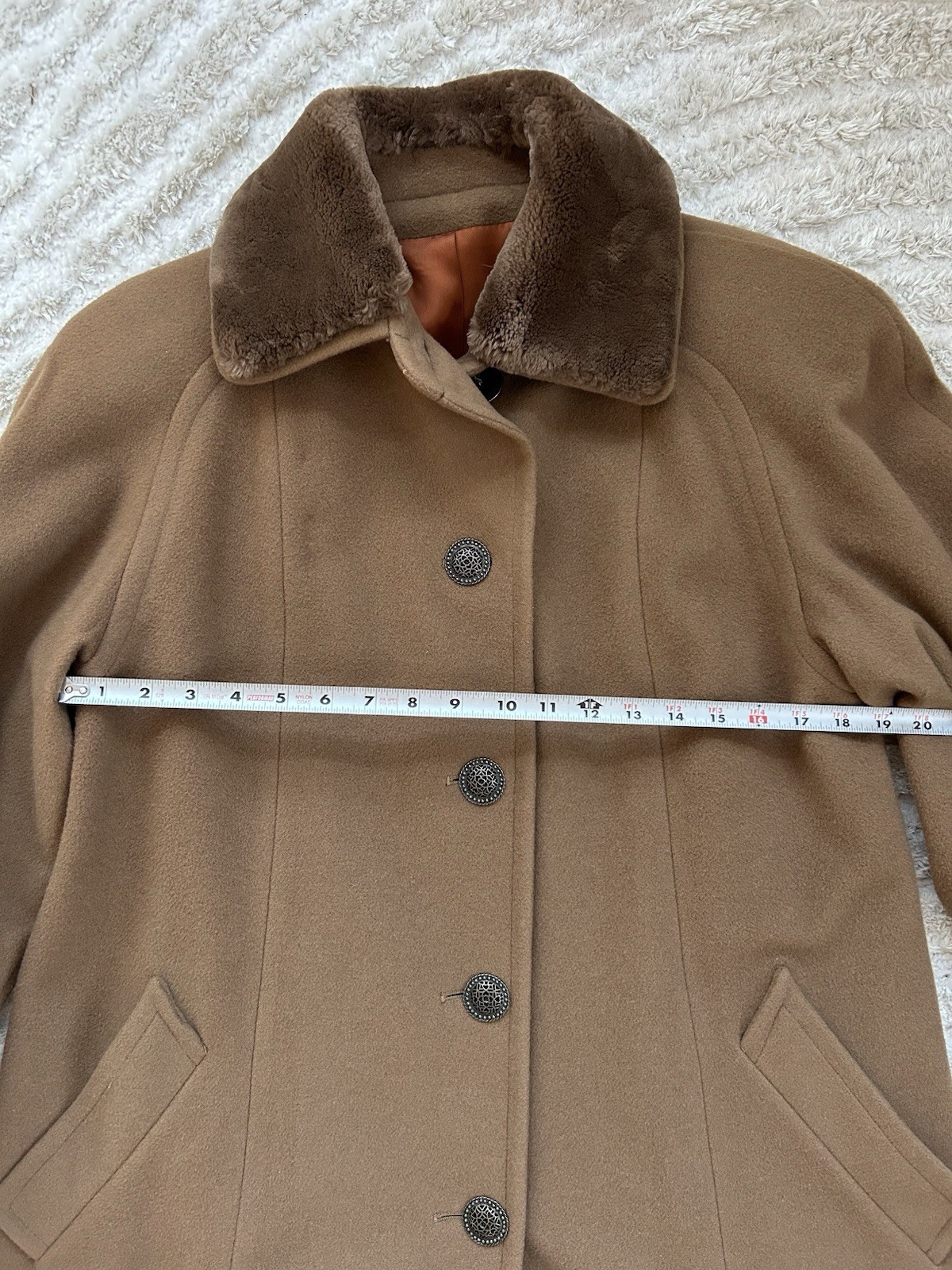 Nina Ricci Vintage 80s Camel Wool and Cashmere Blend Coat With Plush Collar