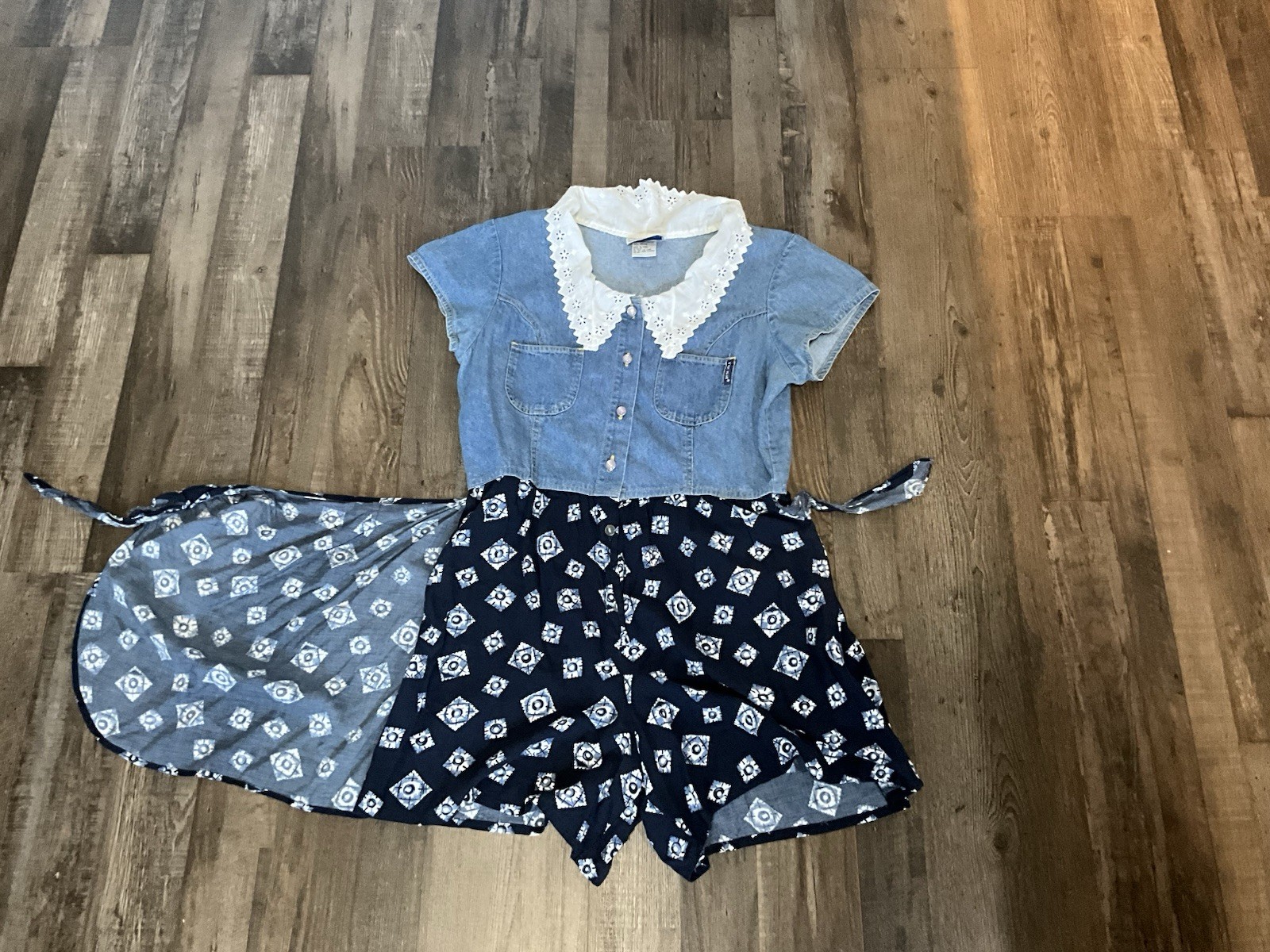 VTG 90s True Blue Denim & Lace Midi Jumpsuit Pearl Snaps Boho Cottage 13/14
