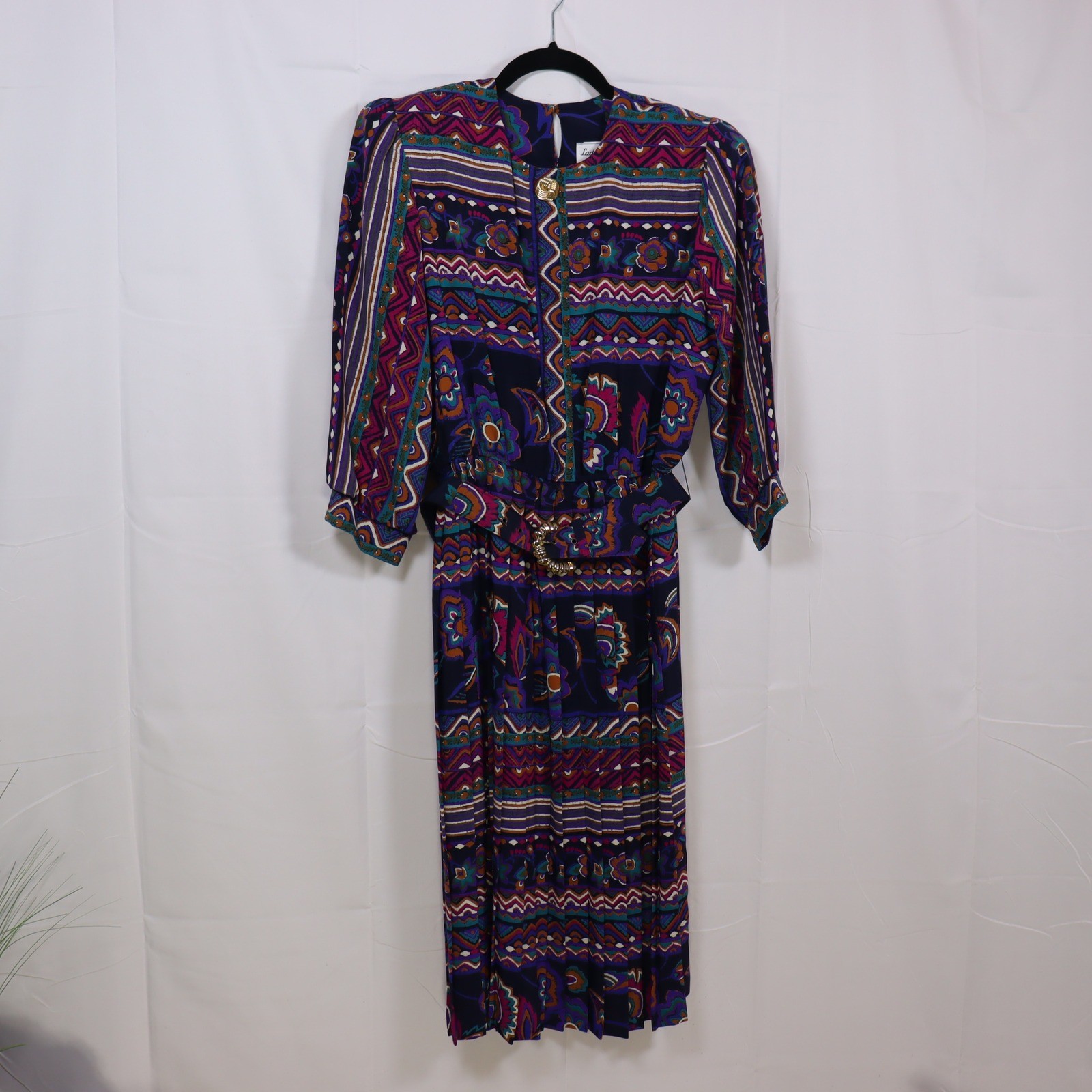 Lady Carol Petites Abstract Dress 8 Multicolor Womens Vintage Belted Midi
