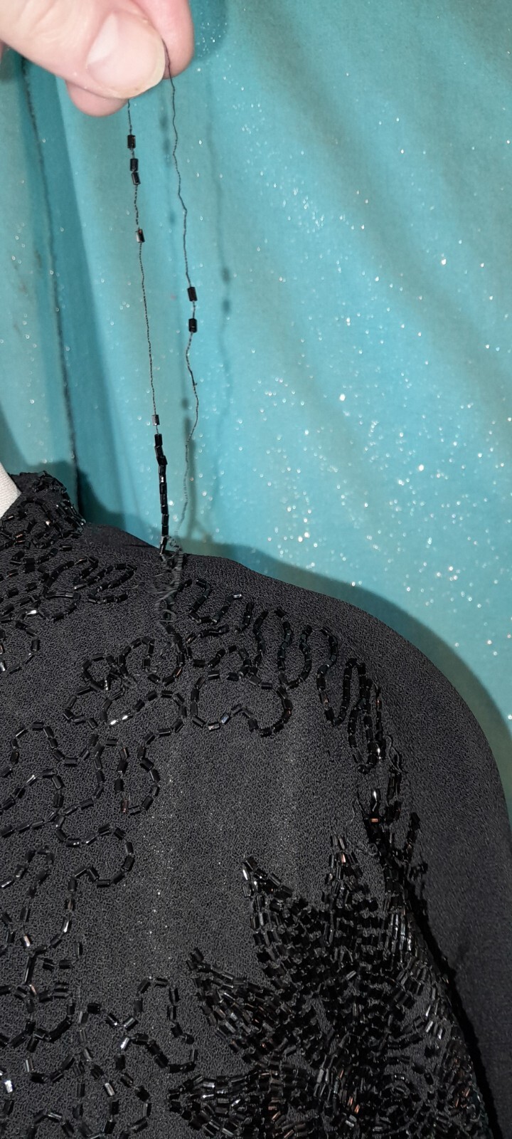 Vtg 1940s Rayon Crepe ENCRUSTED Beaded Black Evening Cocktail Long Sash Dress M