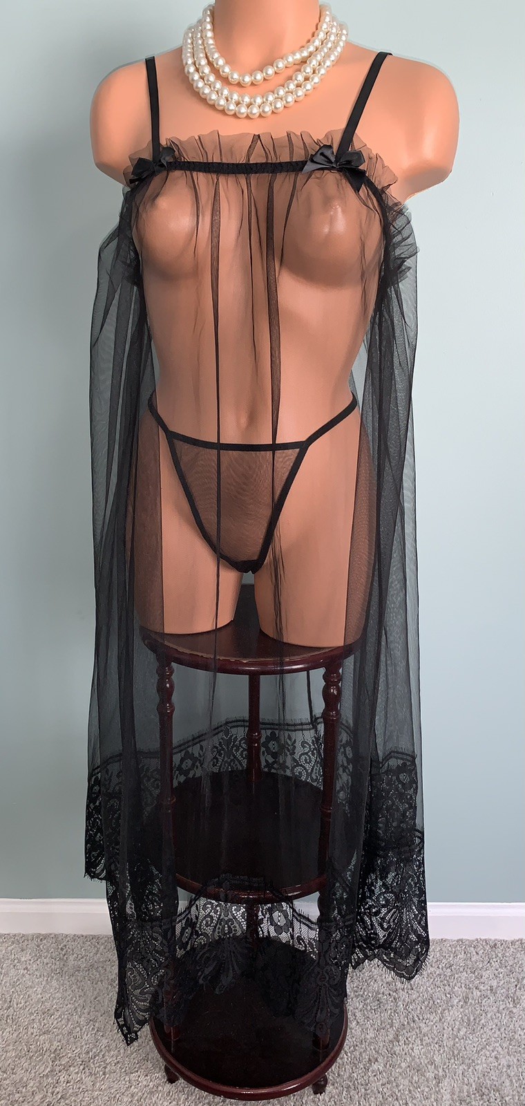 NEW SHEER Chiffon Nightie Nightgown Negligee 1X Panty Satin Ribbons 2pc set