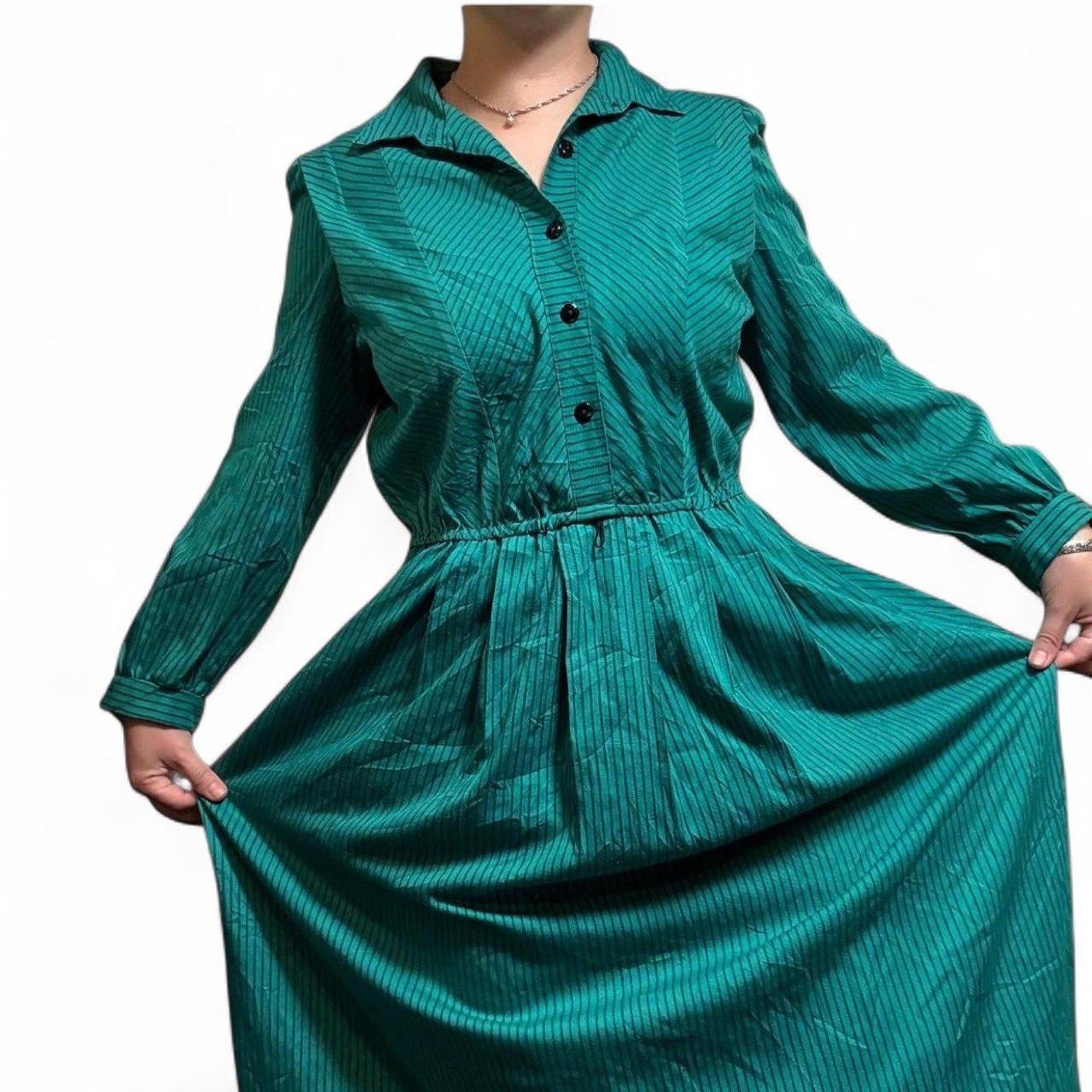 Vintage 80s whimsical teal and black striped long sleeve maxi dress womens large