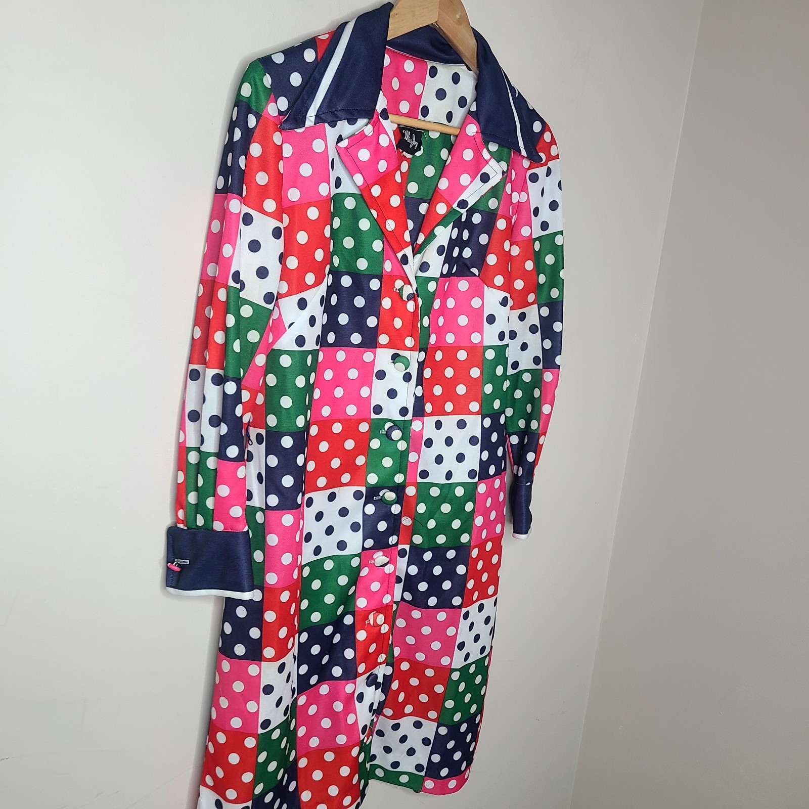 Vintage 70s Miss Joey Polka Dot Patchwork Dress Mod Disco Long Sleeve MCM