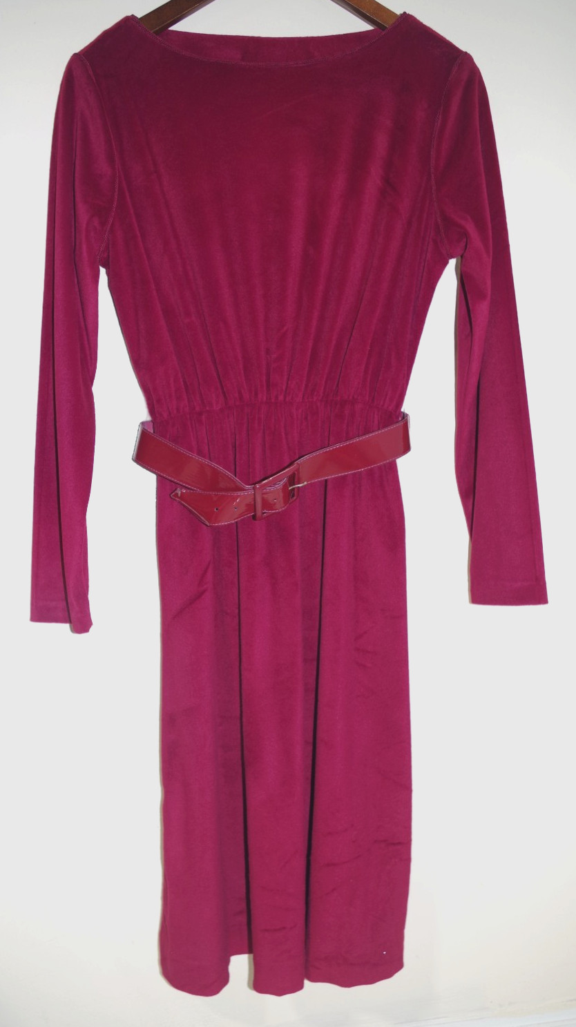 R5 Vintage NWOT Dress Cherry Velour Patent Belt Piping Retro 12 – M/P Boat Neck