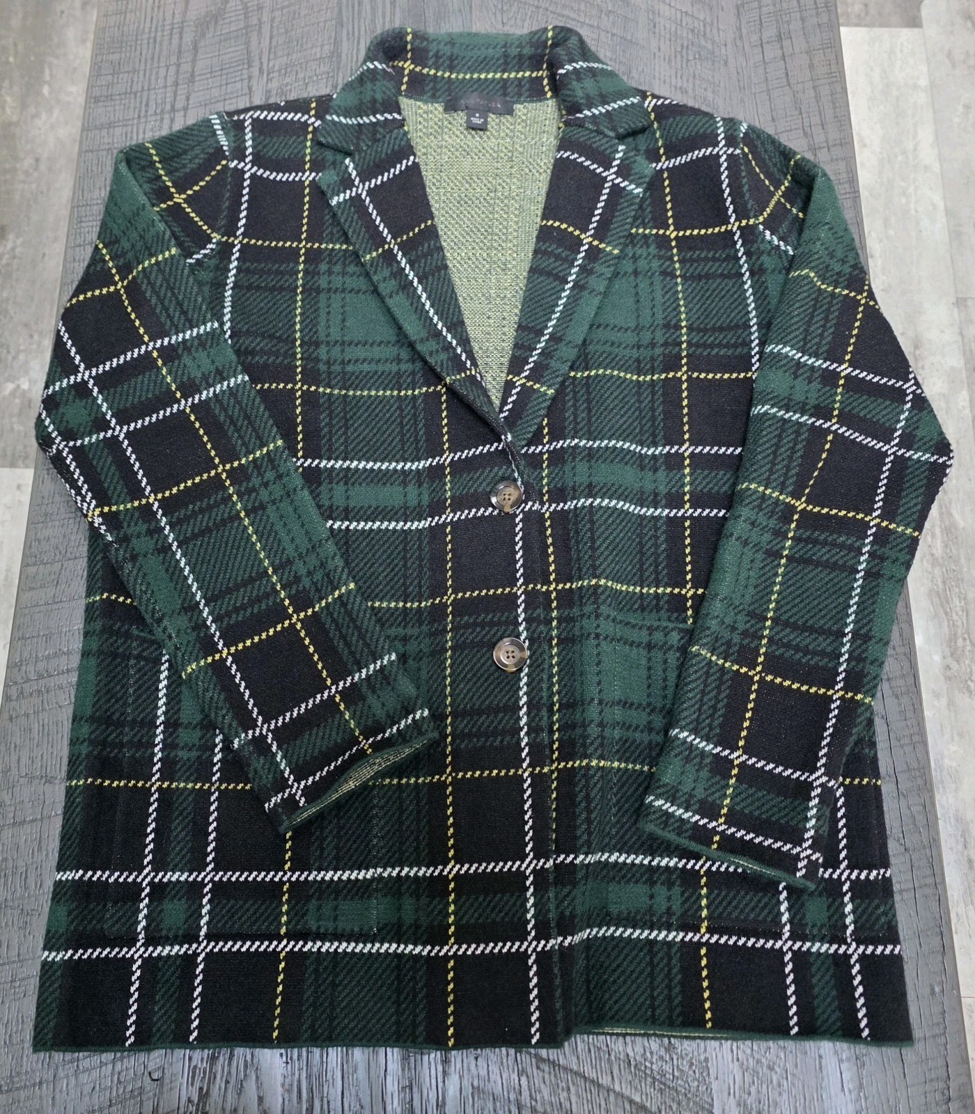 Ann Taylor Green and Black Knitted Blazer Medium Tartan Plaid (Size:Med)