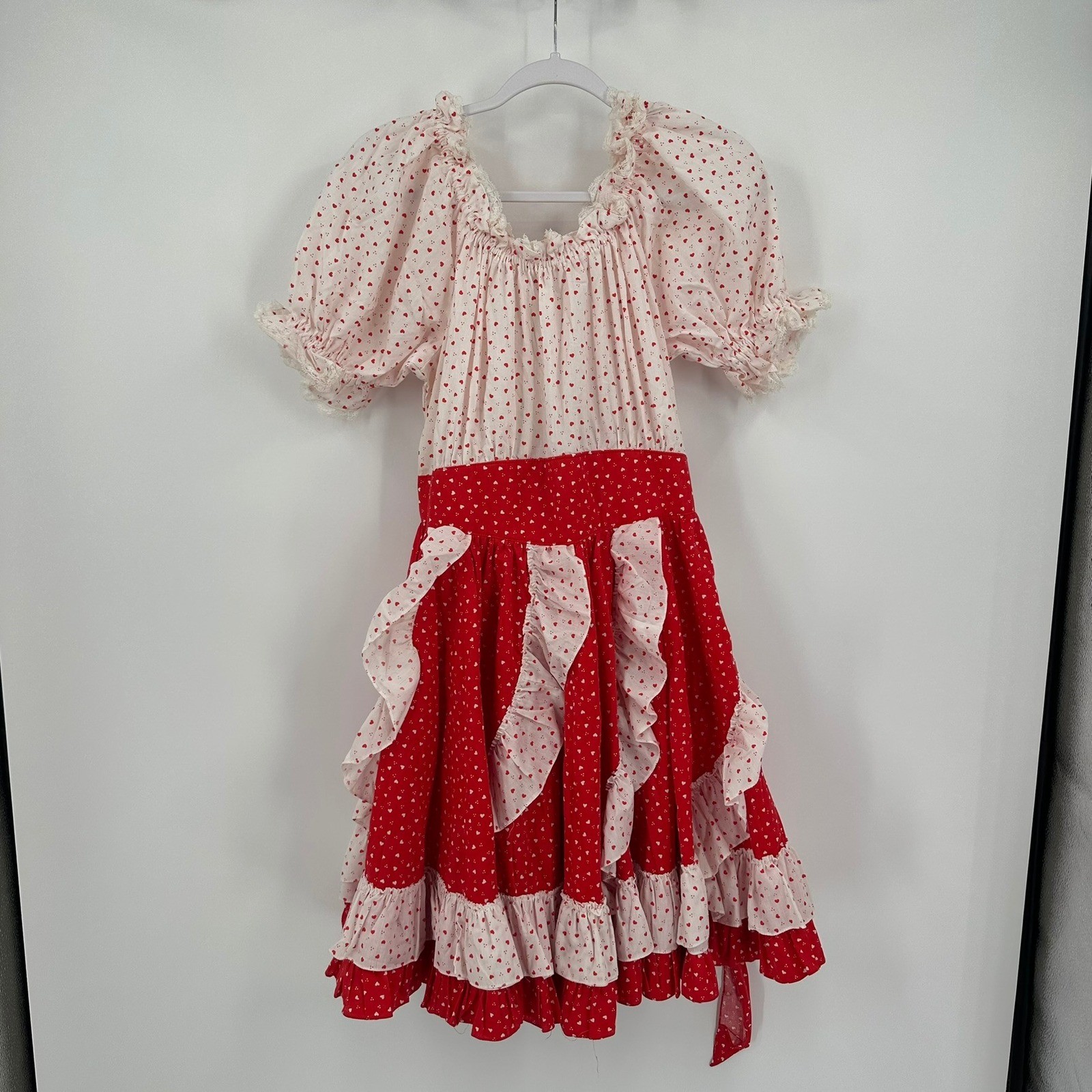 Vintage Womens Rockabilly Square Dance Dress Sz S Heart Print Ruffle Pinup Folk