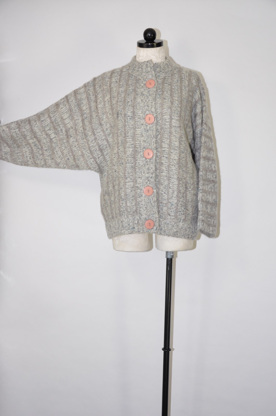 80s Vintage Gray Fuzzy Wool Mohair Buttoned Cardigan Sweater Jacket Women L XL