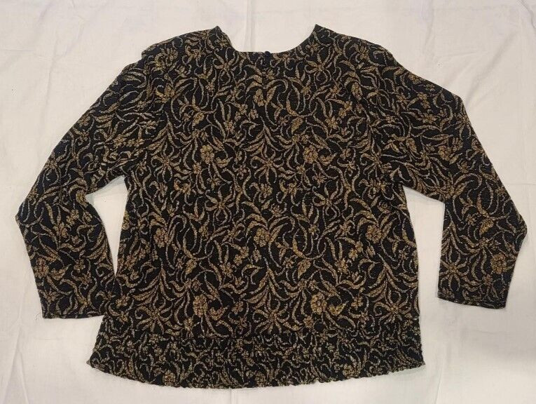 Vintage Black & Gold Flower Print Long-Sleeve Blouse Top by Frejani FREE S&H