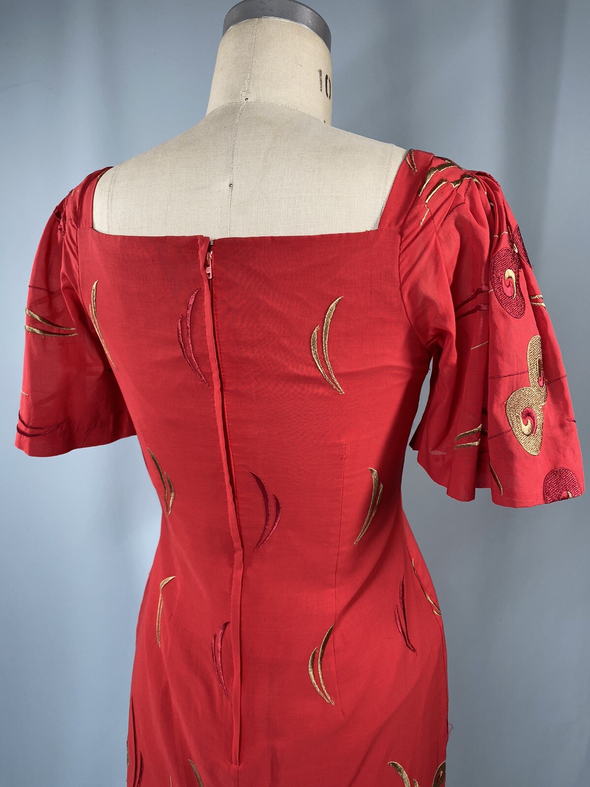 Vintage Dress SIZE SMALL red sheath embroidered 90s 80s Classic