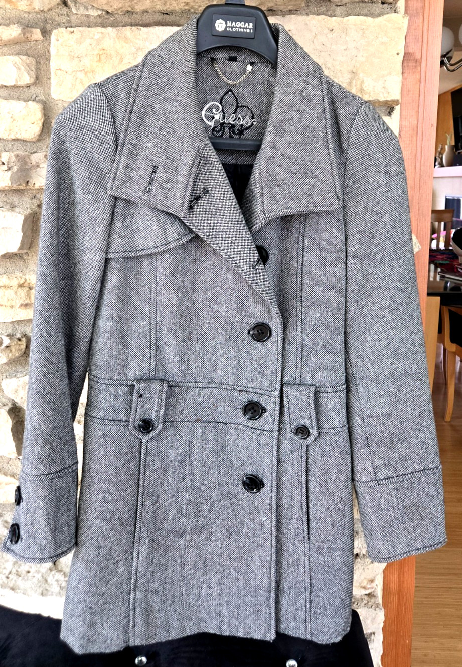 Vintage GUESS Wool Blend Pea Coat Black & White Tweed Women’s Size Small