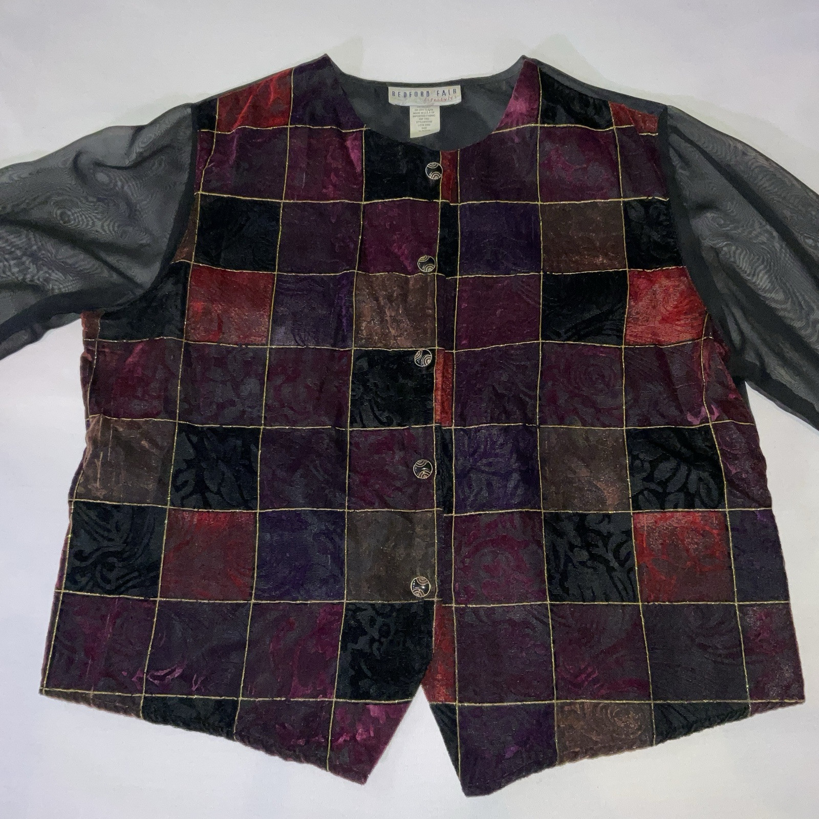 Vtg 90’s Bedford Fair Multicolor Velvet Patchwork Blouse Sheer Sleeves Sz 16P