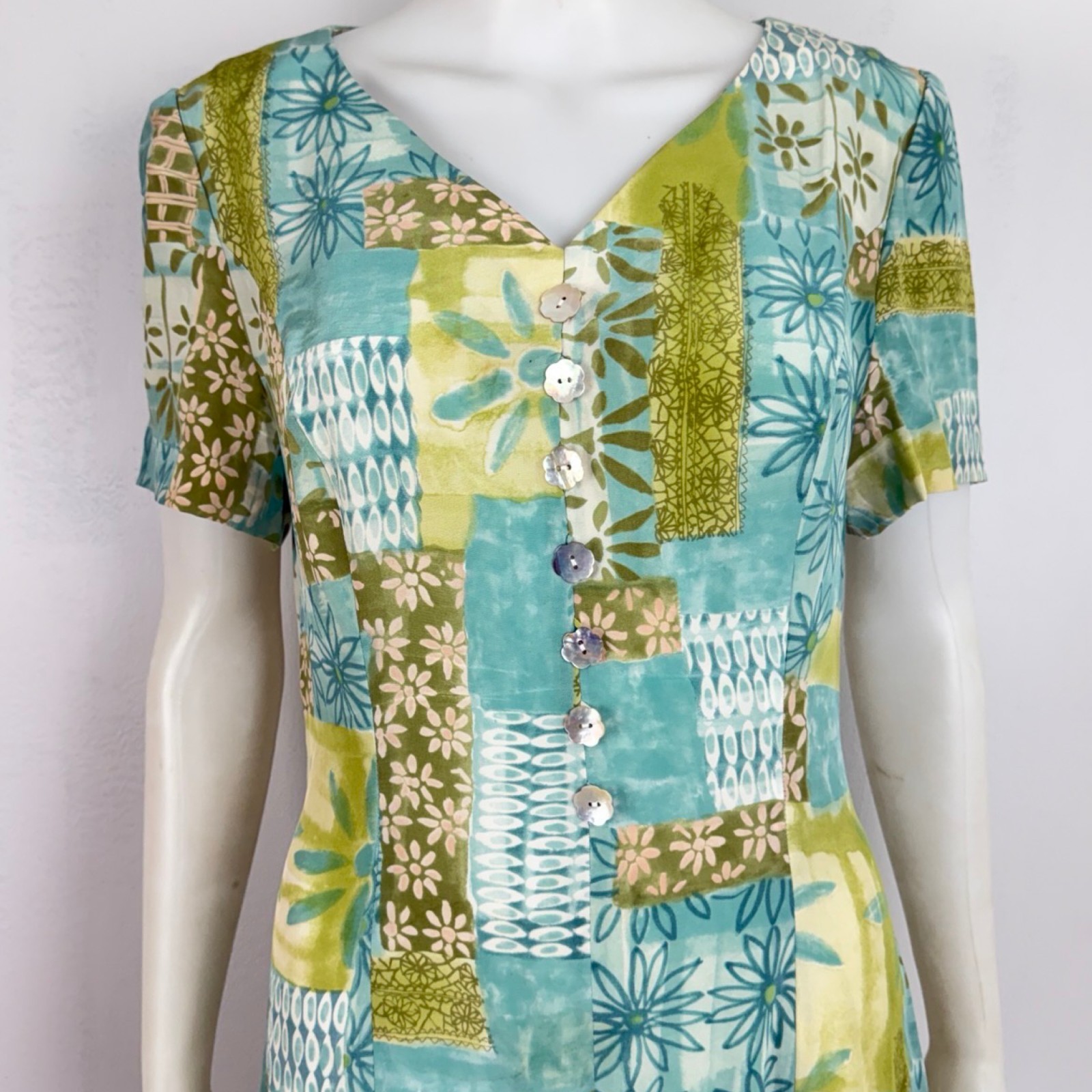 Vintage Patchwork Floral Print Silk Dress 90s Maggy London Green/Blue Maxi