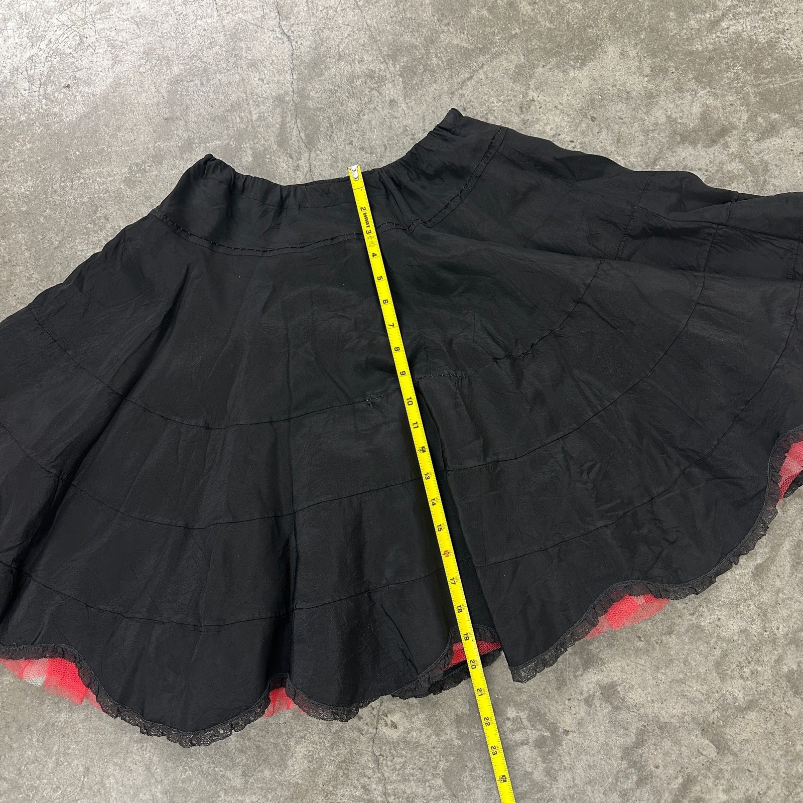 1950s Womens Black Taffeta Ruffle Tulle Skirt Peek-A-Boo Ruffle Uneven Hem Sz S