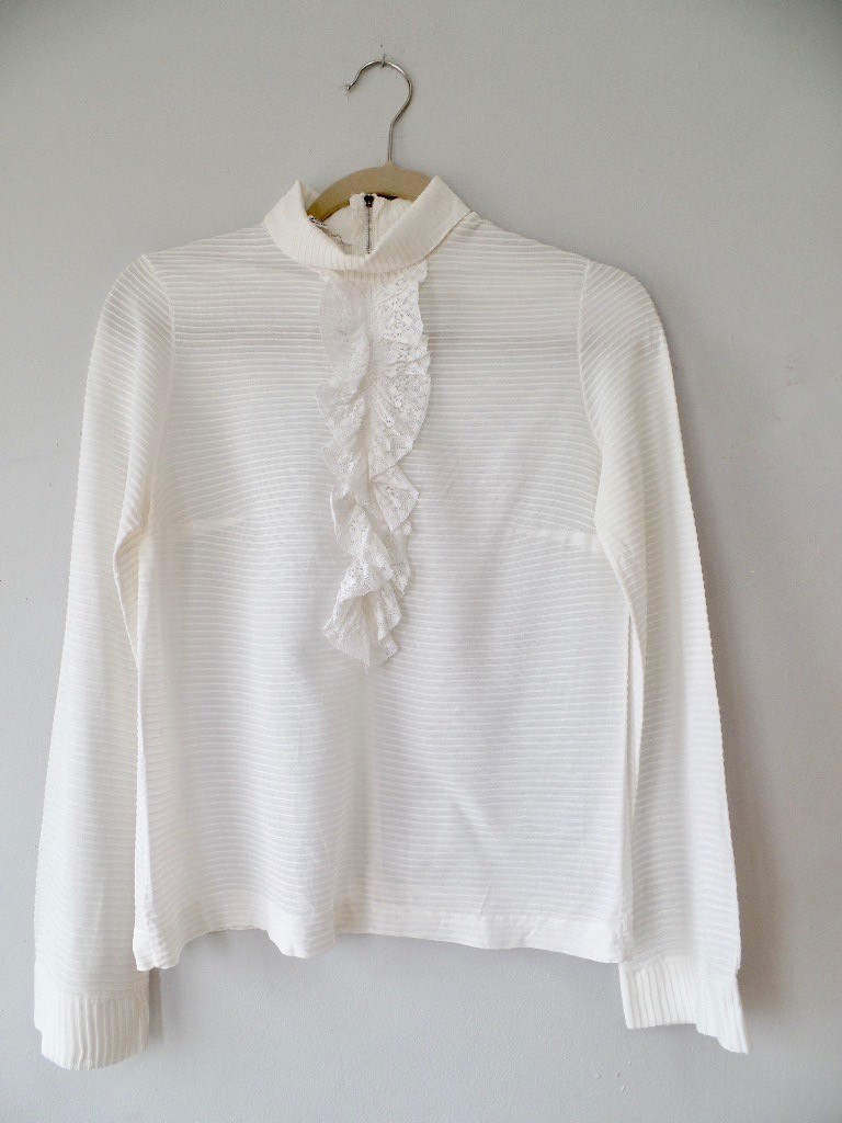 Vintage 40s 60s Mister PePe Ribbed Off White Cascade Ruffle Ascot Top S XS