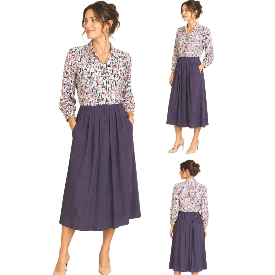 Vintage Handmade Abstract Mixed Media Midi Shirt Dress Pleated Pockets L/XL