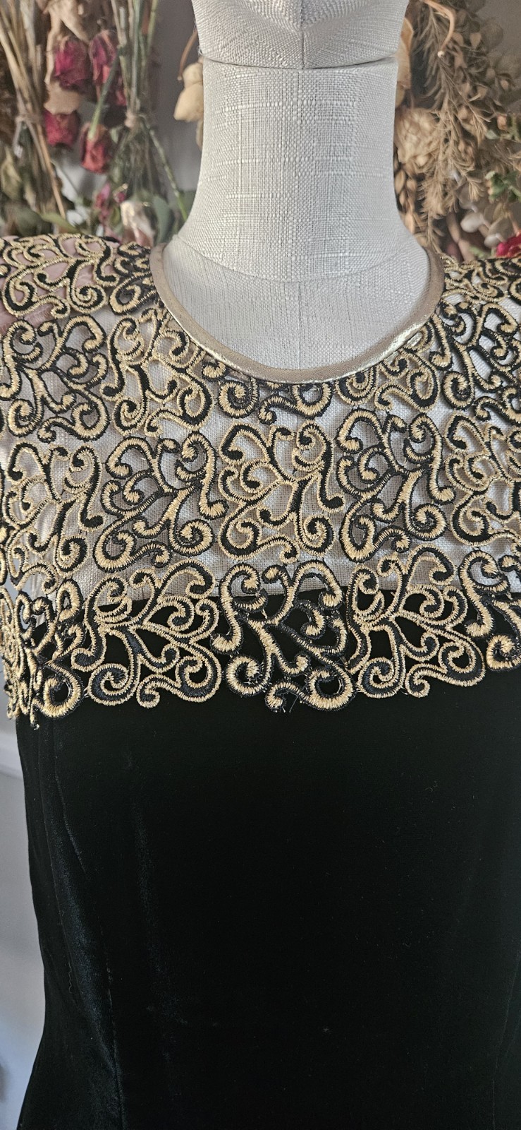 Vintage 1990s Tadashi Black And Gold Velvet Dress Mkd Sz 6