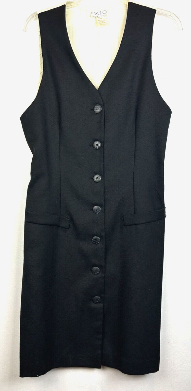 Vintage Dress Womens 12 Black Sleeveless Vest Look Button 80s USA Secretary