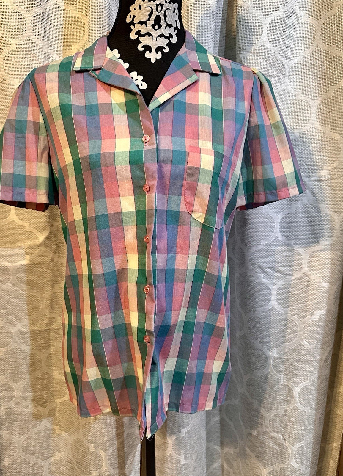 Vintage 1980s Pastel Plaid Puff Short Sleeve Button Down Size 14