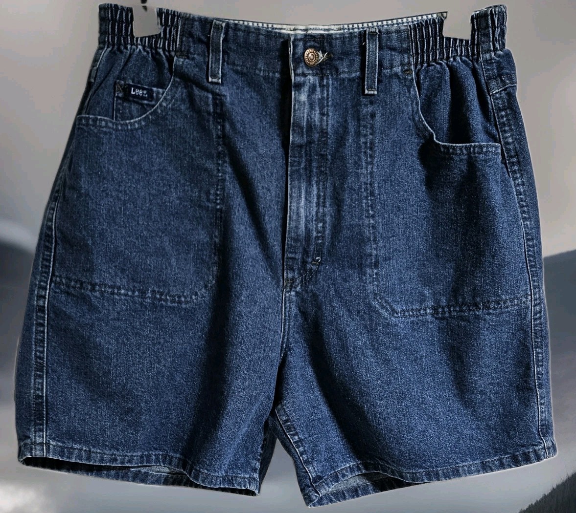 Lee Shorts Womens 32″W× 5.5″ Vintage 90s Blue Denim Elastic Waist High Rise Jean