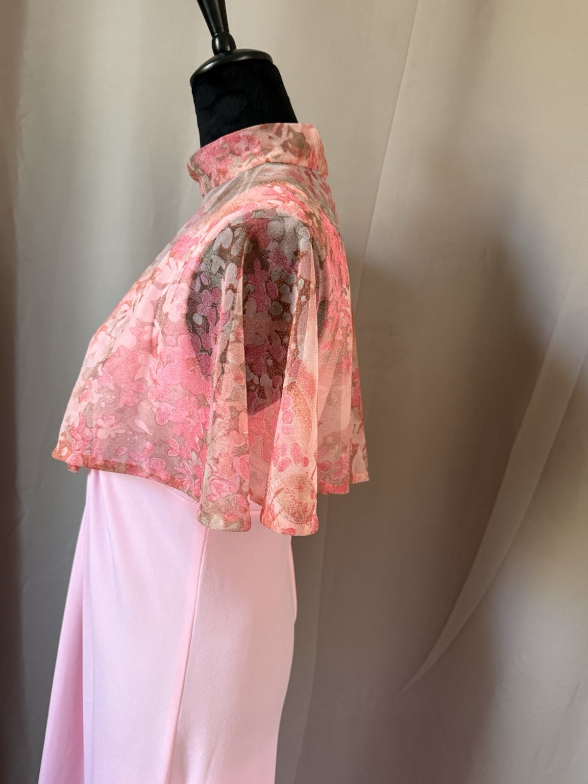 Pink Vintage 70s Maxi Dress Sheer Floral Capelet Womens Size M/L