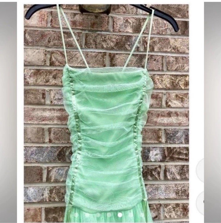Vintage 90s Mint Green Tinkerbell Ruffle Mesh Midi Formal Fairycore Dress
