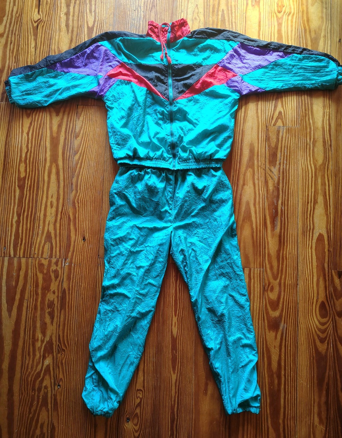 Vintage 80s Unisex Track Suit Retro Size Medium Teal/Red/Purple