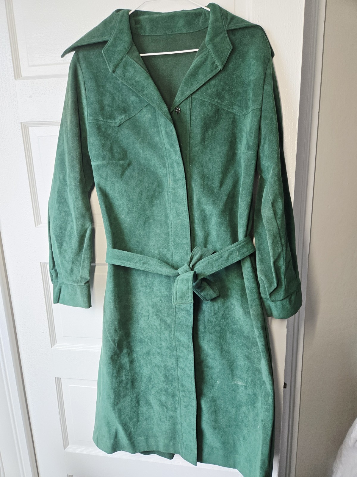 Vtg 80’s Indie Trench Coat Womens M Green Ultra Suede Collection Boho Retro