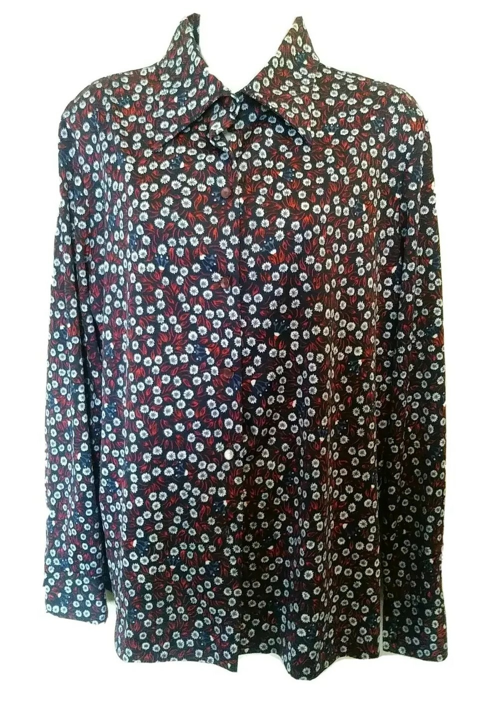 1970s Graff Vintage Ladies Blouse Red White Blue Flowers stretch polyester l xl