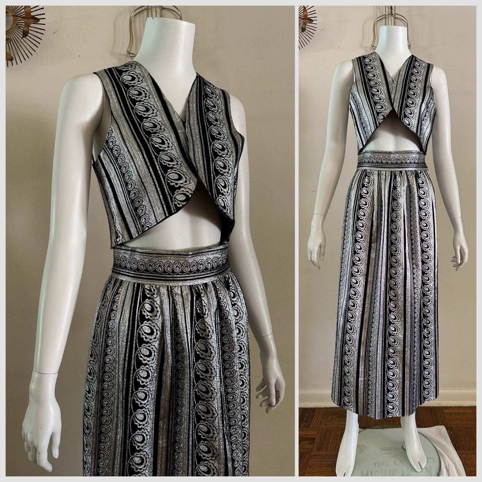 1960s Silver Lurex Flocked Velvet 2 Pc Maxi Skirt Set Crop Vest Mod Disco VTG