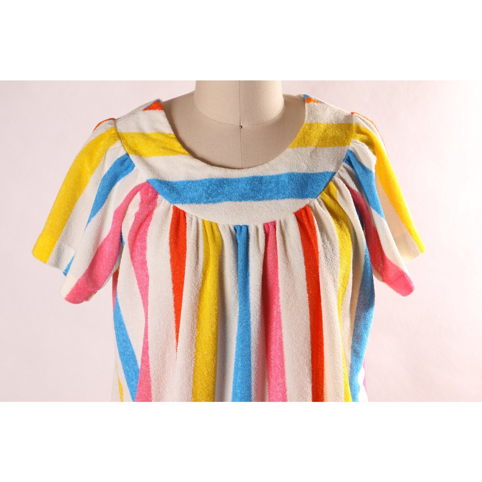 1970s White and Rainbow Striped Short Sleeve Pocketed Ankle Length Dress-S