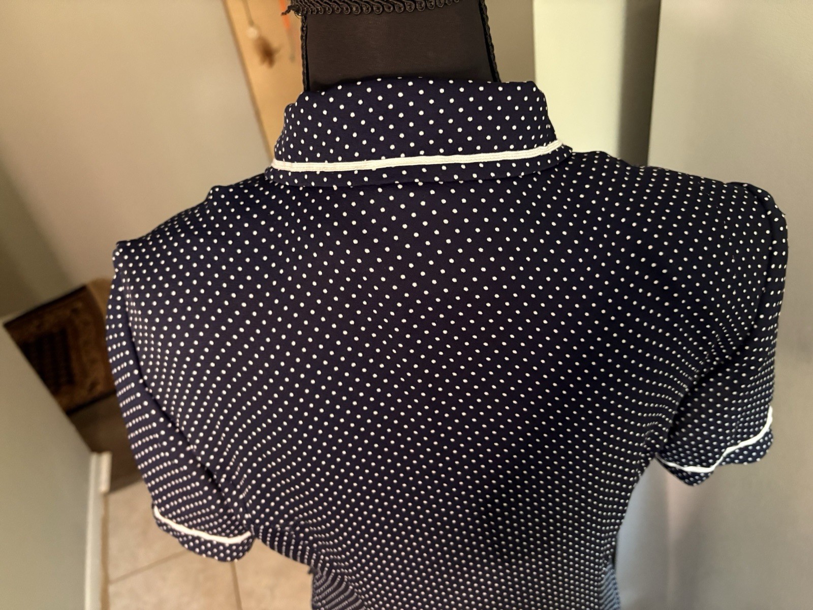Vintage Navy Polka Dot Front Button Dress W Mother of Pearl Buttons