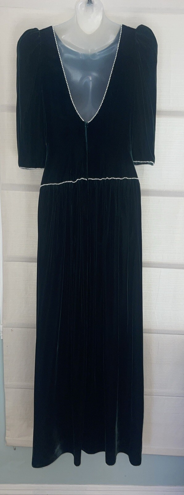 VTG Victorian Hunter Green Velvet Maxi Dress Custom Made For Wedding~Pearls~XS
